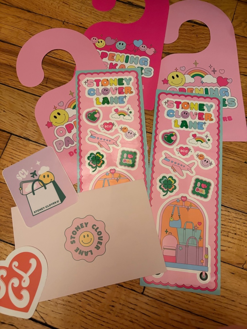 Stoney clover lane stickers and post card